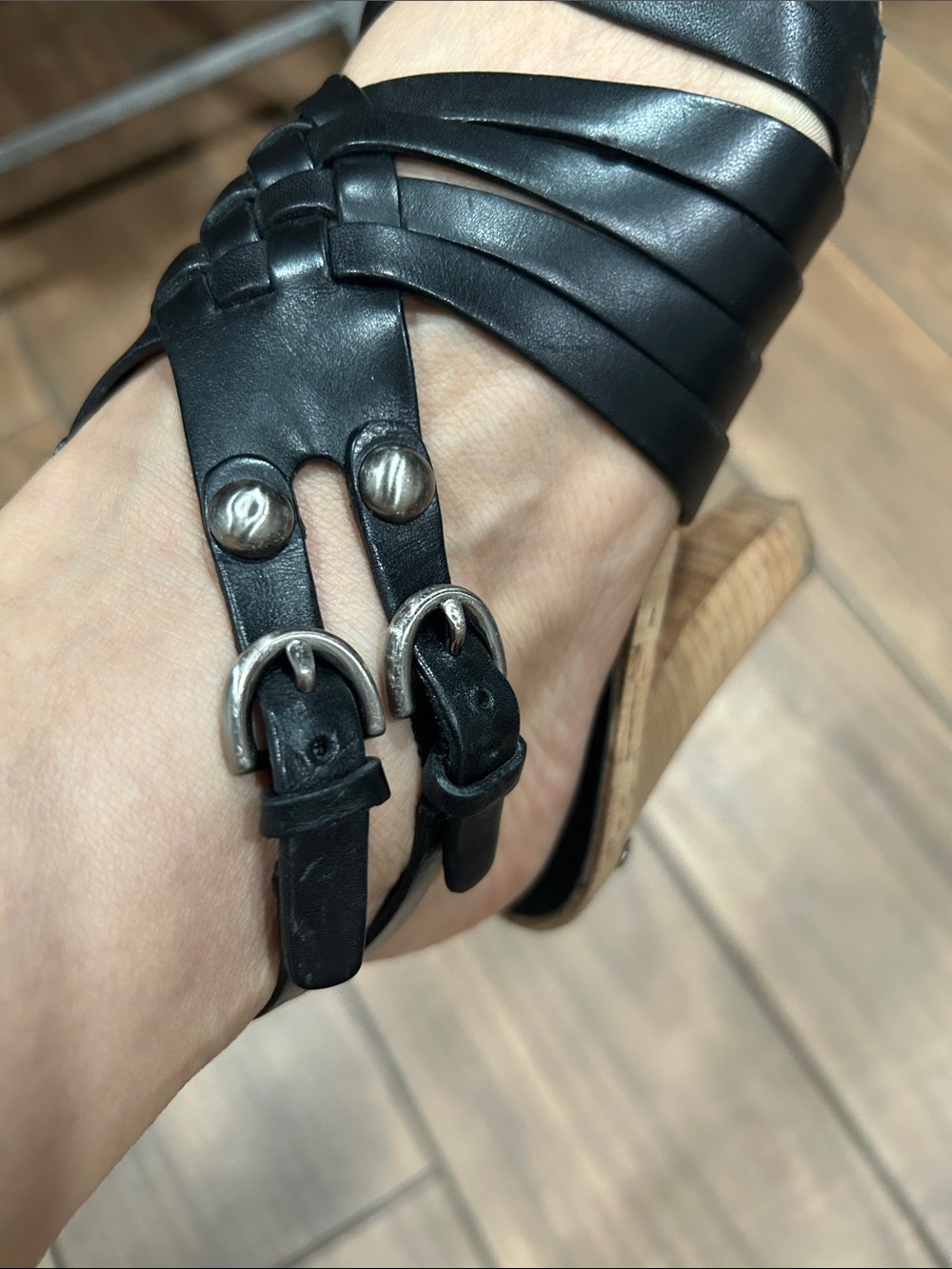Coach Black Leather Strappy Sandals with Wood-Tone Block Heel - Picture 11 of 13